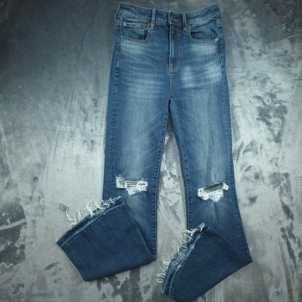 American Eagle Super Stretch Distressed Flare Jeans Blue Raw Hem Size 4 Regular